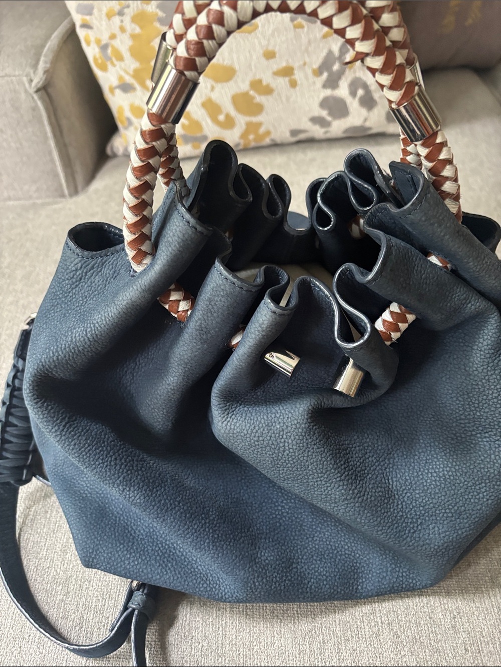 Zara. Leather Woven-Handle Drawstring Shoulder Bag in Navy - Picture 2 of 8